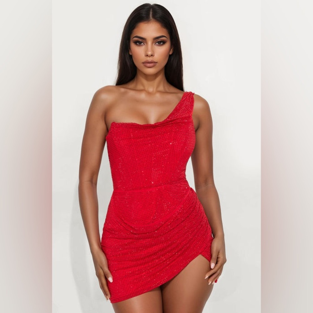 Fashion Nova Rhinestone Red Mini Dress size M